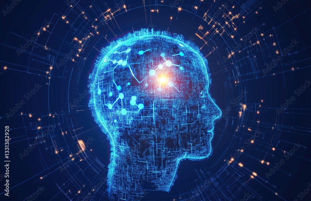 Fototapeta premium Digital Human Head Silhouette with Glowing Neural Network in Blue Background. Concept of AI Technology and Machine Learning
