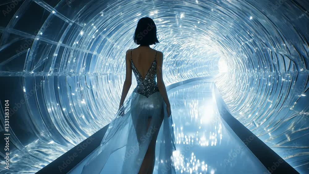 A model elegantly walks down a luminescent pathway during a virtual reality fashion event. The ethereal environment, filled with sparkling lights, enhances the showcase of innovative garments. A model elegantly walks down a luminescent pathway during a virtual reality fashion event. The ethereal environment, filled with sparkling lights, enhances the showcase of innovative garments.