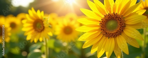 Close-up of sunflowers with bright yellow petals under sunlight, nature background, blooming, yellow, petals