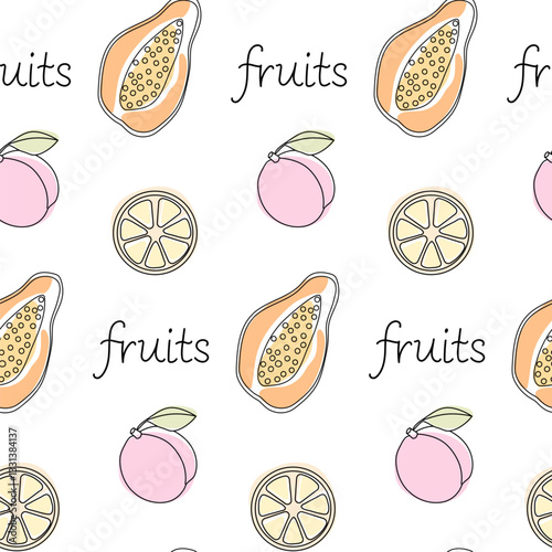 Colorful fruit pattern showcasing papaya, peach, lemon, and cherry on white background