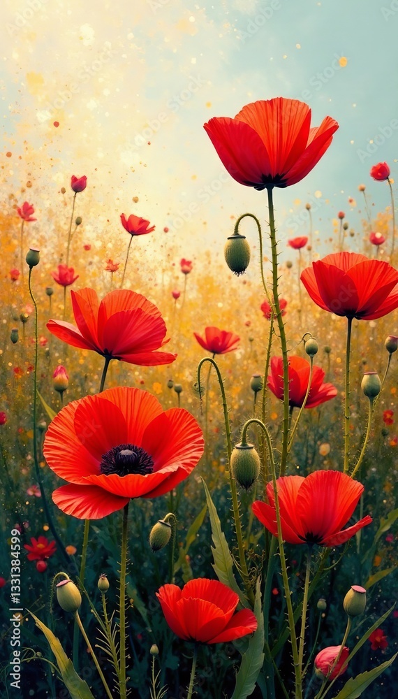 Fototapeta premium Close-up of textured brushstrokes in poppy field painting, flowers, canvas, oil