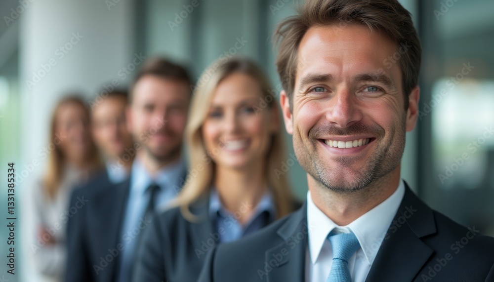 A group of diverse professionals stands in a line, exuding confidence and camaraderie. The image captures the essence of teamwork and success, showcasing a smiling man in a suit at the forefront, with A group of diverse professionals stands in a line, exuding confidence and camaraderie. The image captures the essence of teamwork and success, showcasing a smiling man in a suit at the forefront, with