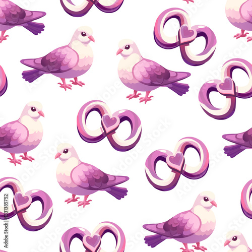 Love-themed seamless pattern with doves and happy hearts. Cartoon-style pigeons and decorative hearts repeating pattern