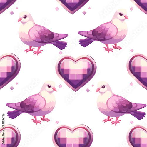 Love-themed seamless pattern with doves and happy hearts. Cartoon-style pigeons and decorative hearts repeating pattern