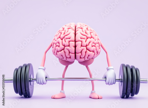 pink brain character is lifting weights symbolizing mental fitness and strength.