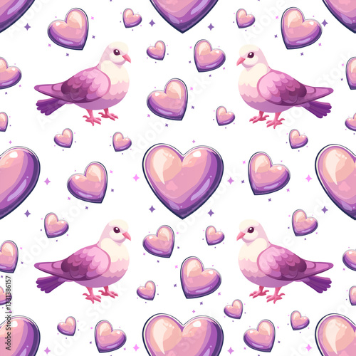 Love-themed seamless pattern with doves and happy hearts. Cartoon-style pigeons and decorative hearts repeating pattern