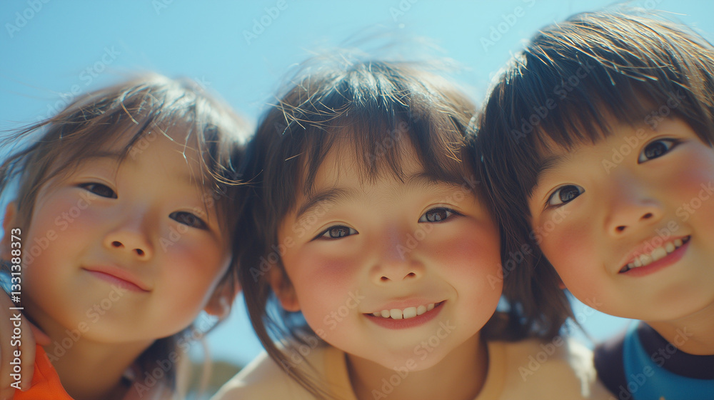日本の小学生・幼稚園児・保育園児3人がカメラを覗き込んで笑っている写真 背景青空