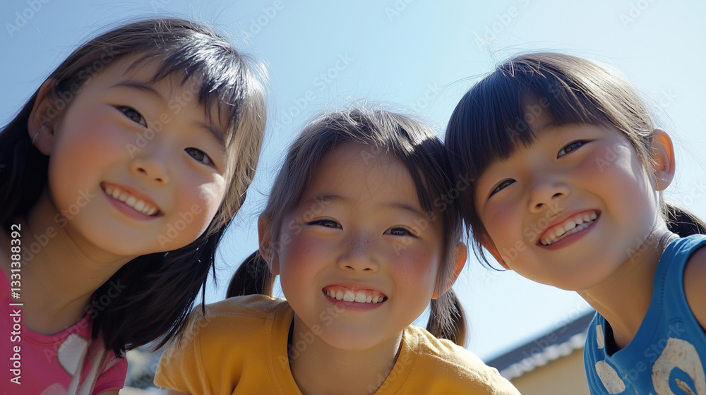 日本の小学生・幼稚園児・保育園児3人がカメラを覗き込んで笑っている写真 背景青空