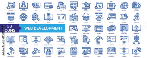 Web Development icon collection set. Containing programming, data, creative, hosting, project, browser, innovation, application, coding, database icon. Simple blue vector.