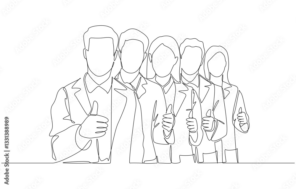 Continuous one line drawing of researchers standing in line giving thumbs up gesture, scientific operational research team concept, single line art Continuous one line drawing of researchers standing in line giving thumbs up gesture, scientific operational research team concept, single line art