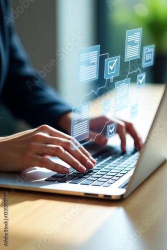 close-up of hands typing on a laptop with digital checkmarks and documents overlayed signifying efficient task completion