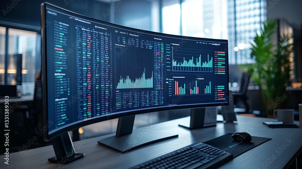 Ultrawide monitor displays stock market data, charts, and graphs in a modern office. Ultrawide monitor displays stock market data, charts, and graphs in a modern office.