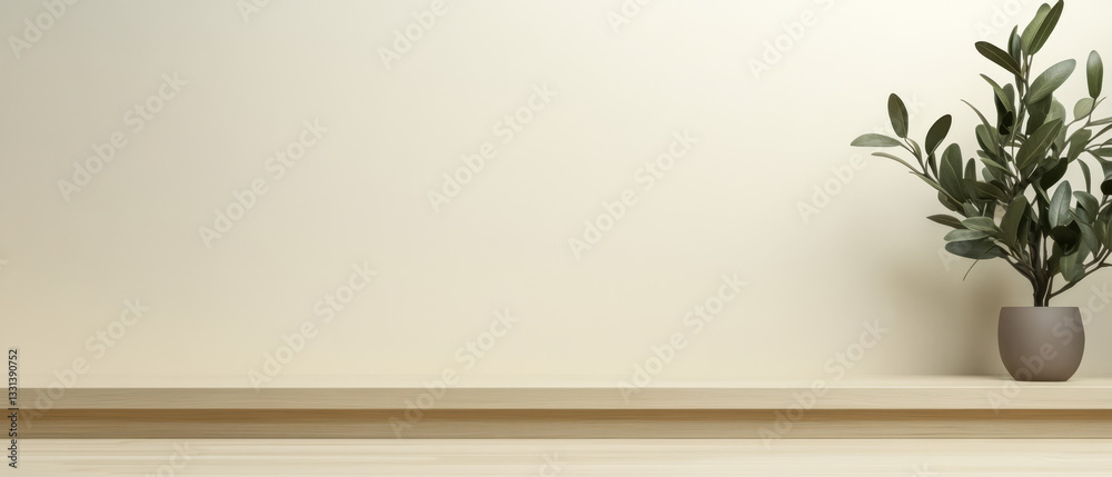 Fototapeta premium Simple interior design featuring a minimalist shelf and a potted plant