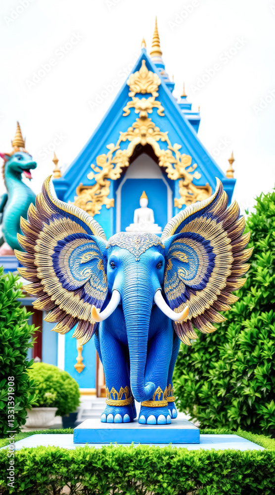 Fototapeta premium ornate blue elephant statue with golden wings at a temple