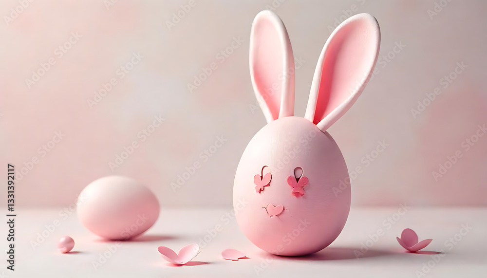 Fototapeta premium A cute bunny egg with delightful pink ears on a light pastel background, Easter celebration, Pastel Pink Egg with Adorable Bunny Ears, Playful Easter Fun, happy easter 2025, created with generative ai