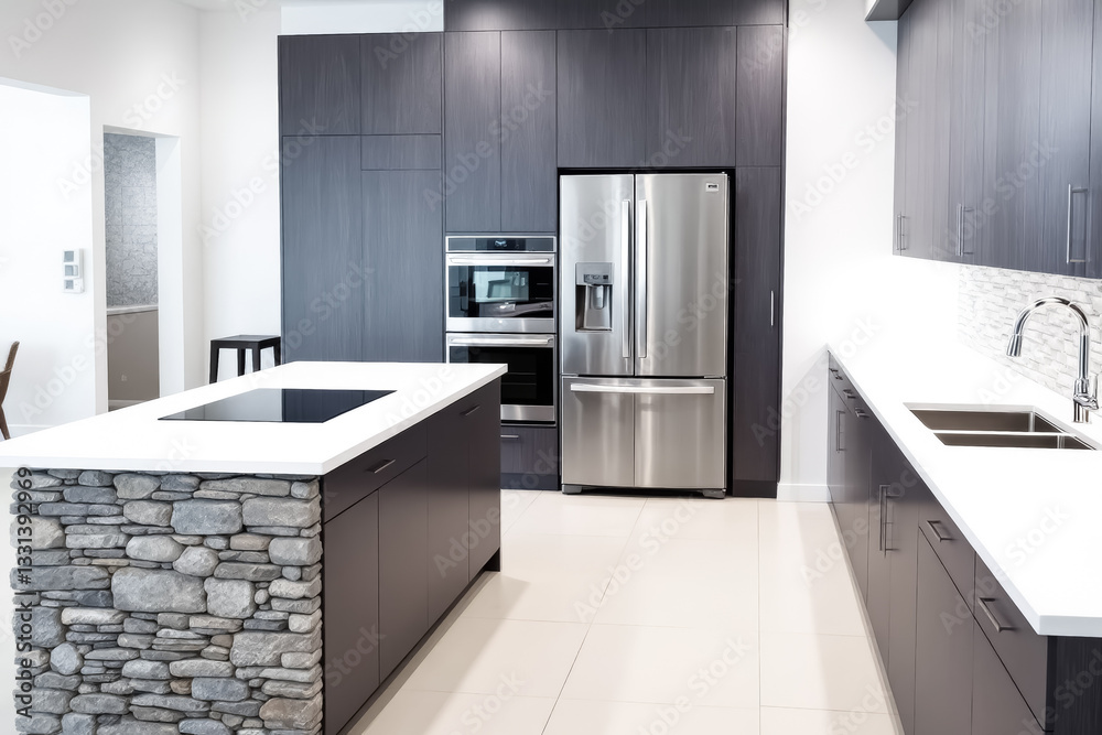 Fototapeta premium modern kitchen with dark gray cabinetry stainless steel appliances and a stone island