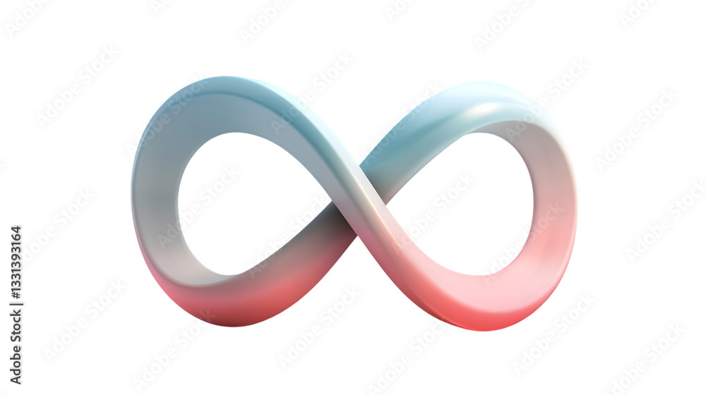A smooth, glossy 3D infinity symbol with a soft blue-to-red gradient, isolated on a white background. A smooth, glossy 3D infinity symbol with a soft blue-to-red gradient, isolated on a white background.