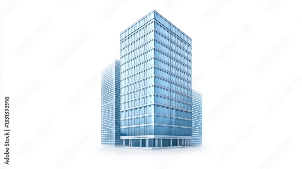 Striking glass architecture, a modern building against pristine white backdrop Striking glass architecture, a modern building against pristine white backdrop