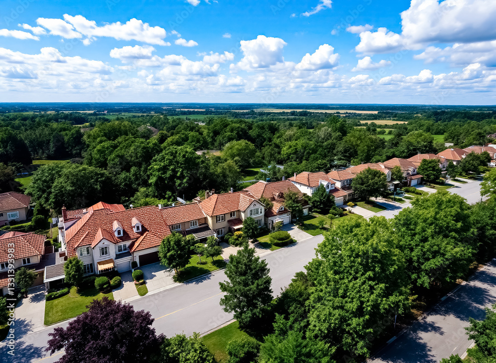 Obraz premium aerial view of a picturesque residential street with uniform houses and lush greenery