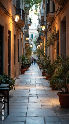 picturesque alleyway with warm lighting potted plants and buildings