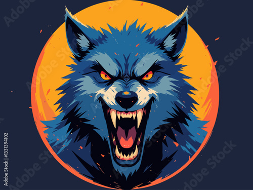 T-shirt print, evil wolf cackling, looking straight ahead color image, it is in a circle, brutal style 