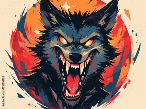 T-shirt print, evil wolf cackling, looking straight ahead color image, it is in a circle, brutal style 