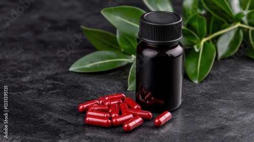 Red pills and green leaves, exploring natural health wellness concepts red