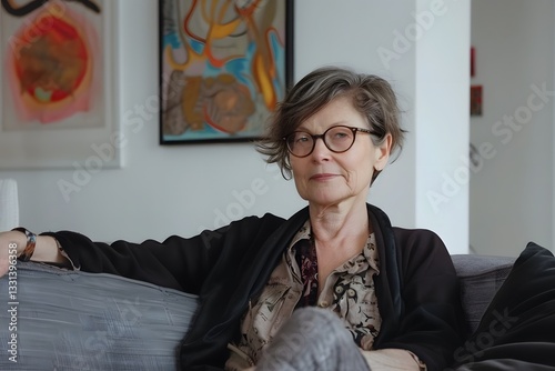Senior Woman Portrait with Eyeglasses, Relaxing on Gray Sofa at Home