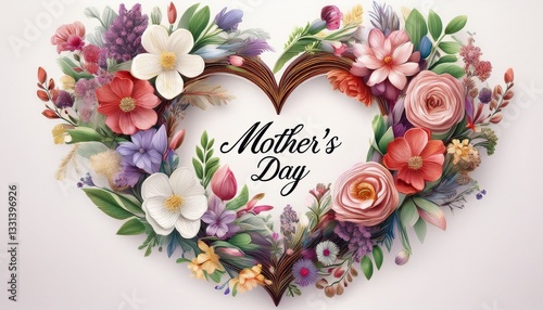 A heart-shaped floral wreath with “Mother’s Day” in elegant cursive font, soft colors and delicate blooms on a white background.