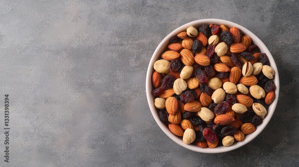 Nut trail mix with dried fruits concept. A bowl of mixed nuts and dried fruits on a textured gray background. Nut trail mix with dried fruits concept. A bowl of mixed nuts and dried fruits on a textured gray background.