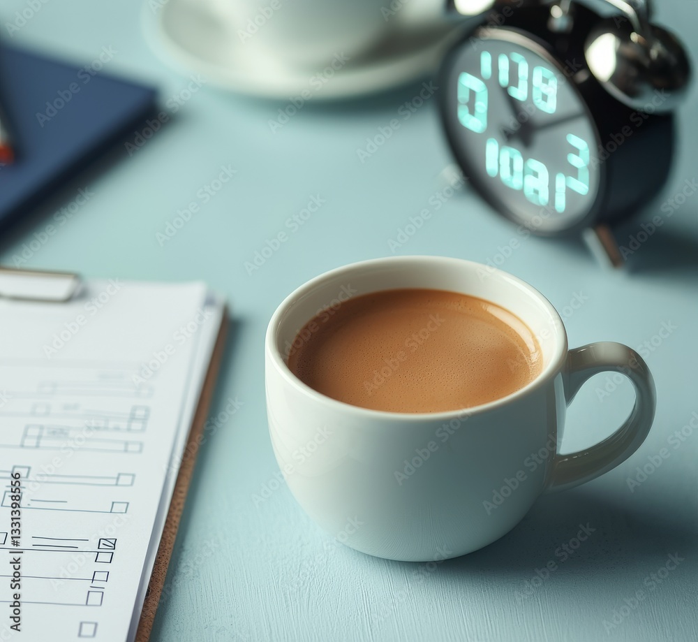 Management efficiency and goal-setting concept. A cozy coffee scene with a cup, clock, and clipboard on a stylish desk. Management efficiency and goal-setting concept. A cozy coffee scene with a cup, clock, and clipboard on a stylish desk.