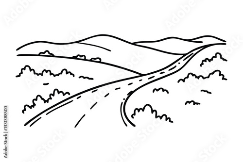 Dusty road stretches through hills. line art flat vector illustration