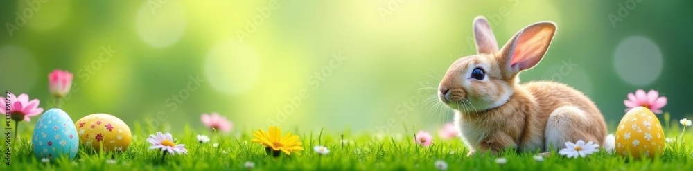 Obraz premium Colorful Easter eggs and bunny on grass with flowers, celebration, grass, Easter