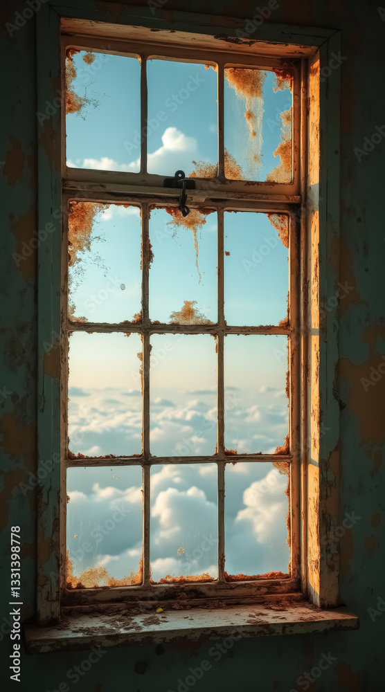 Fototapeta premium weathered window reveals a breathtaking view of clouds and a bright sky