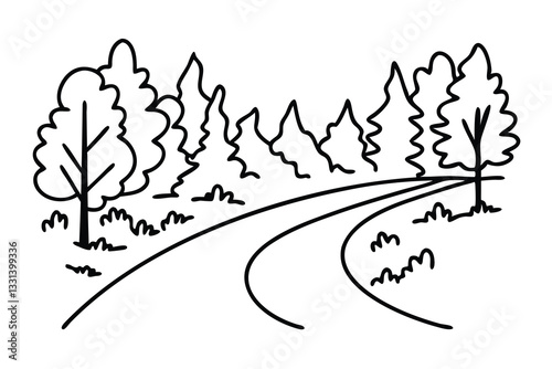 Hiking path beside forest road. line art flat vector illustration.