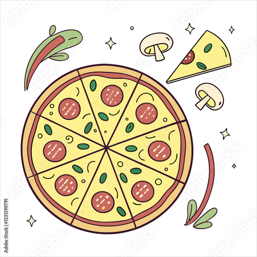 A vector illustration of a delicious Italian pizza slice with pepperoni, mozzarella, and vegetables, isolated