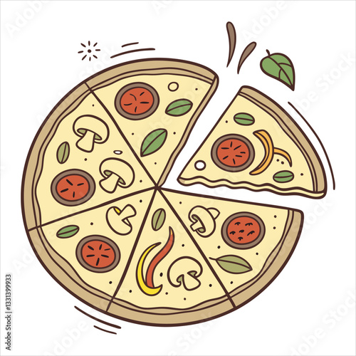 Delicious doodle's vector pizza with salami, mozzarella, and tomato