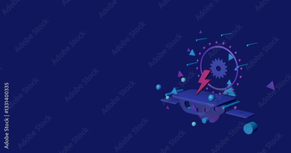 Naklejka premium Pink lightning symbol on a pedestal of abstract geometric shapes floating in the air. Abstract concept art with flying shapes on the right. 3d illustration on indigo background
