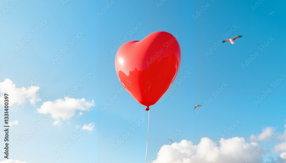 Fototapeta premium Glossy red heart-shaped balloon floating against blue sky, love symbol