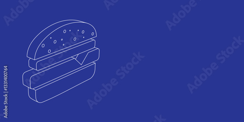 The outline of a large hamburger symbol made of white lines on the left. 3D view of the object in perspective. Vector illustration on indigo background
