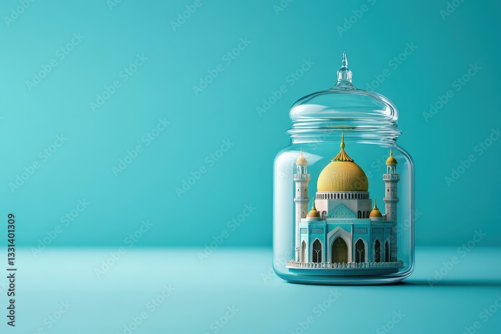 Fototapeta premium A miniature mosque model placed within a glass jar container