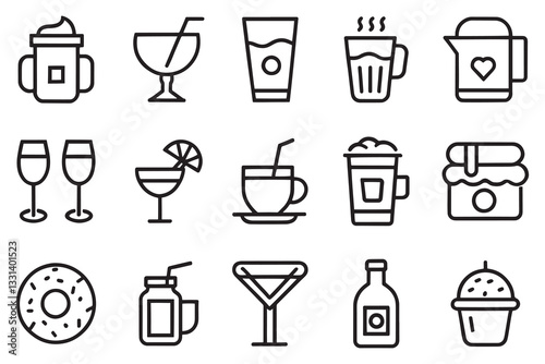 Drink and eat icon set editable stroke outline isolated flat vector illustration on white background.