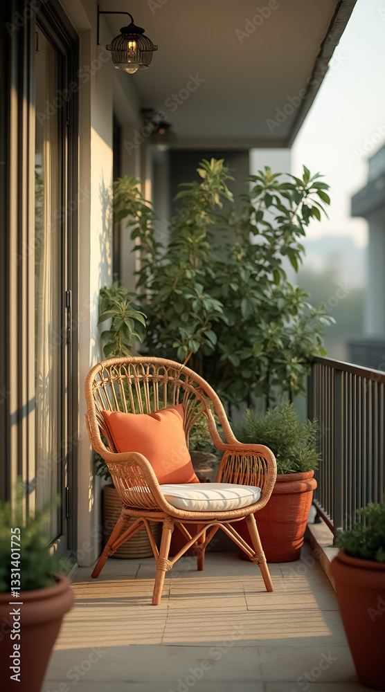 Fototapeta premium relaxing wicker chair on a sunlit balcony