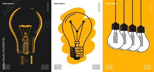 Light bulb poster series with minimal line art, bold shapes, and a modern design.