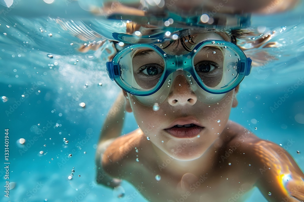 Naklejka premium Child Swimming Underwater Portrait with Goggles in Blue Pool Water