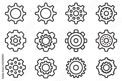  Gears, setting icon set editable stroke outline isolated flat vector illustration on white background.