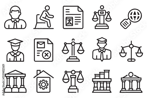 Lawyer, judge, justice icon set editable stroke outline isolated flat vector illustration on white background