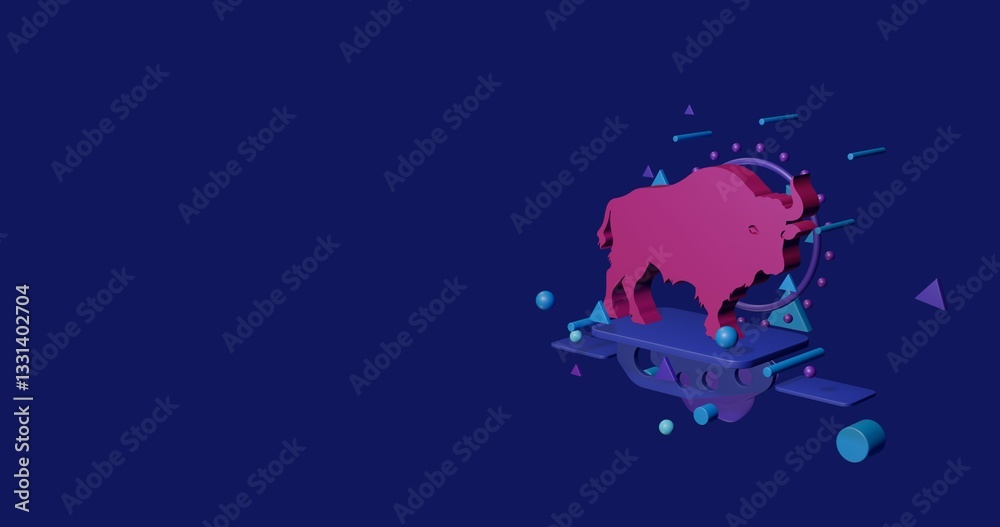 Naklejka premium Pink buffalo symbol on a pedestal of abstract geometric shapes floating in the air. Abstract concept art with flying shapes on the right. 3d illustration on indigo background
