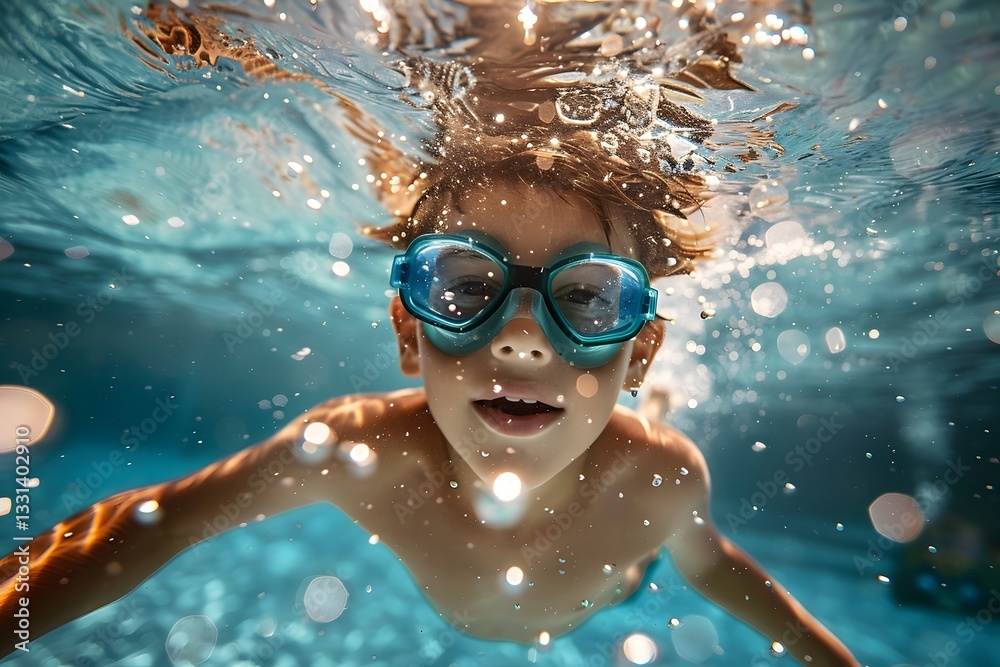 Fototapeta premium Boy Swimming Underwater in Blue Goggles: Fun Summer Activity