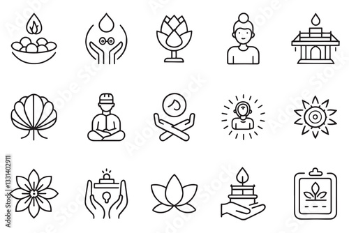Meditation, health related editable stroke outline icon set flat vector illustration